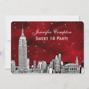 Invitación NYC Skyline Etch Starry Red BG SQ Sweet 16 H
