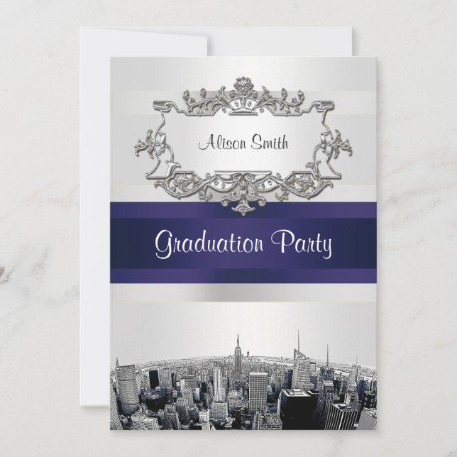 Invitación NYC Skyline Etched 2 BG Blu Ribbn Graduation (Anverso)