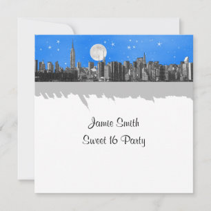Invitación NYC Skyline Etched Look Luna Lt Azul 2 Sweet 16 SQ