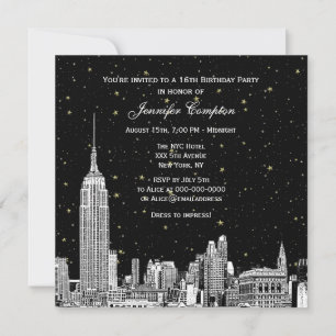 Invitación NYC Skyline Etched Starry DIY BG Color SQ Sweet 16