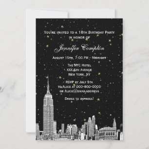 Invitación NYC Skyline Etched Starry DIY BG Color Sweet 16