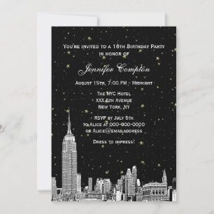 Invitación NYC Skyline Etched Starry DIY BG Color Sweet 16