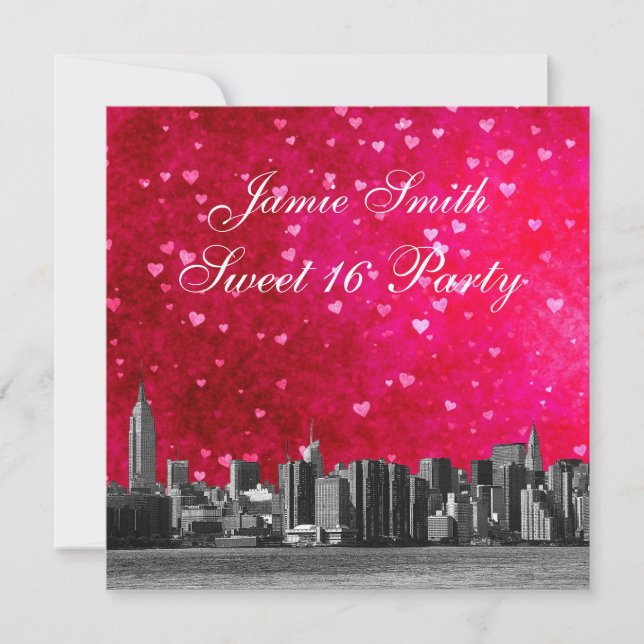 Invitación NYC Skyline Hot Pink Red Heart Sweet 16 (Anverso)