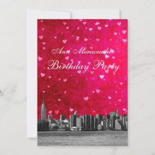 Invitación NYC Skyline Hot Pink Red Hearthday V