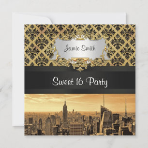 Invitación NYC Skyline Sepia B5 Blk Rib Damask Sweet 16 Invit