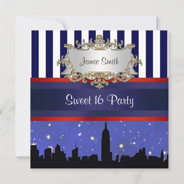 Invitación NYC Skyline Sil Blue Sky2 Blue Wht Stripe Sweet 16 (Anverso)
