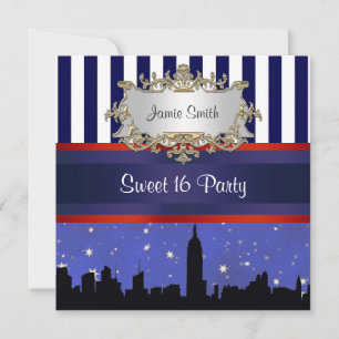 Invitación NYC Skyline Sil Blue Sky2 Blue Wht Stripe Sweet 16