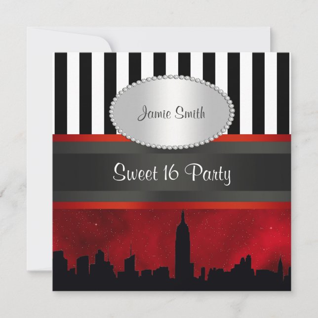 Invitación NYC Skyline Sil Red Sky Blk Wht Stripe P Sweet 16 (Anverso)