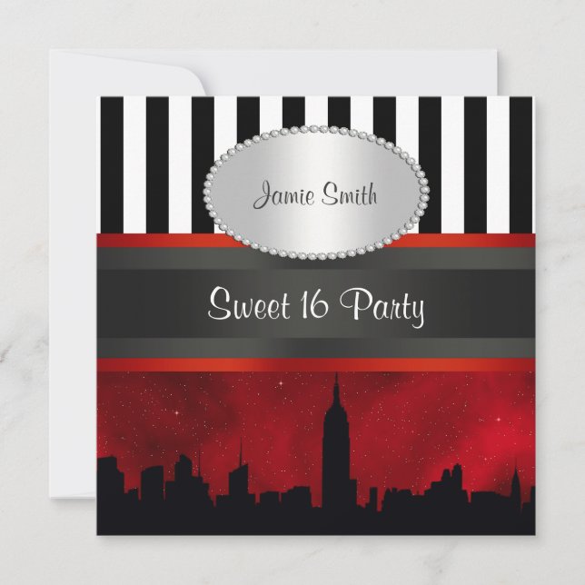 Invitación NYC Skyline Sil Red Sky Blk Wht Stripe P Sweet 16 (Anverso)