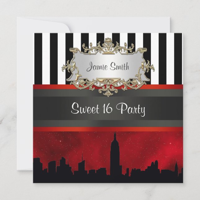 Invitación NYC Skyline Sil Red Sky Blk Wht Stripe Sweet 16 (Anverso)