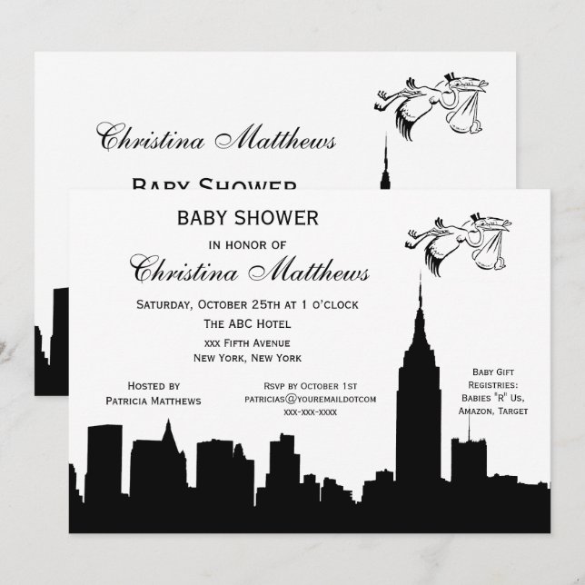 Invitación NYC Skyline Silhouette Baby Shower Stork (Anverso / Reverso)