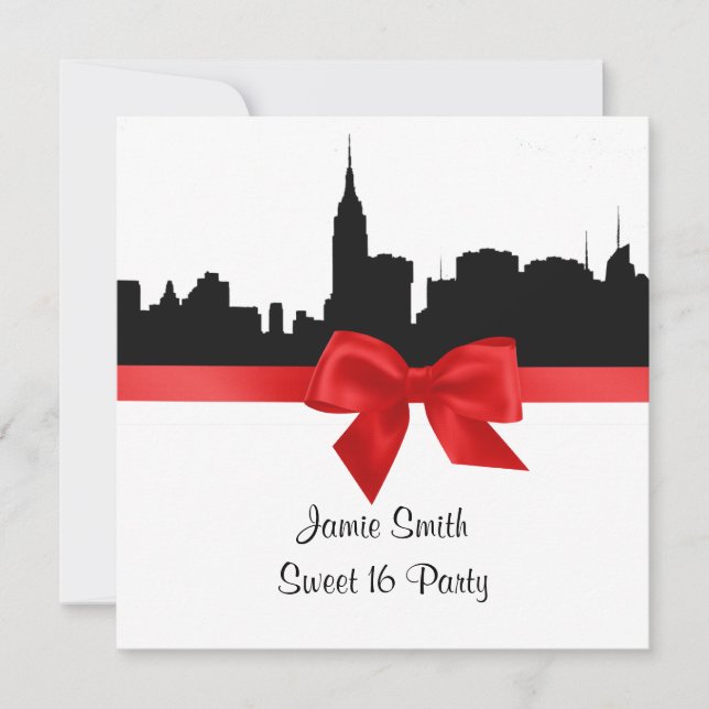 Invitación NYC Skyline Silhouette BW Red Sweet 16 SQ (Anverso)