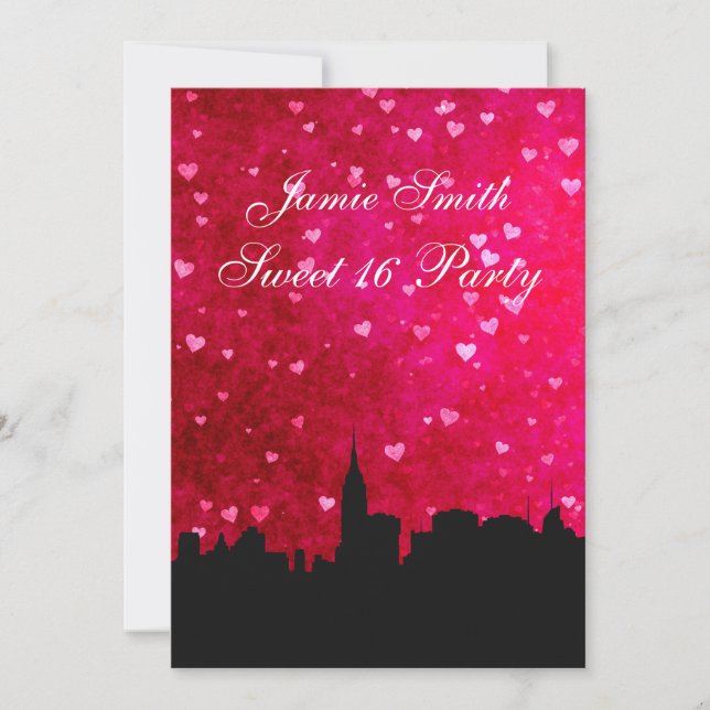 Invitación NYC Skyline Silhouette Hot Pink Red Hrt Sweet 16 V (Anverso)