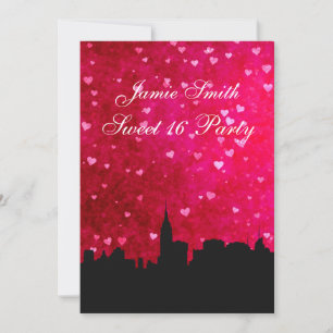 Invitación NYC Skyline Silhouette Hot Pink Red Hrt Sweet 16 V