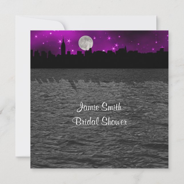 Invitación NYC Skyline Silhouette Moon Purpl Bridal Shower SQ (Anverso)