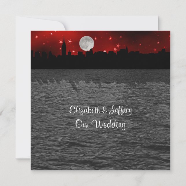 Invitación NYC Skyline Silhouette Moon Red Boda SQ (Anverso)