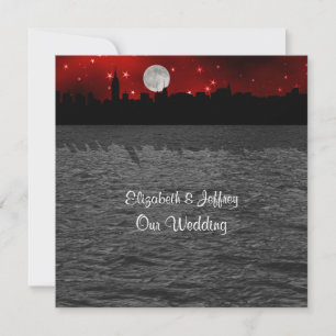 Invitación NYC Skyline Silhouette Moon Red Boda SQ