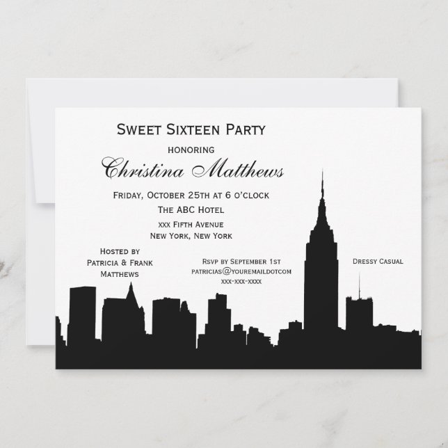 Invitación NYC Skyline Silhouette Sweet 16 (Anverso)