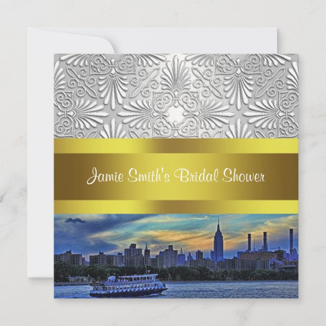 Invitación NYC Sunset Skyline ESB White Damask Shower (Anverso)
