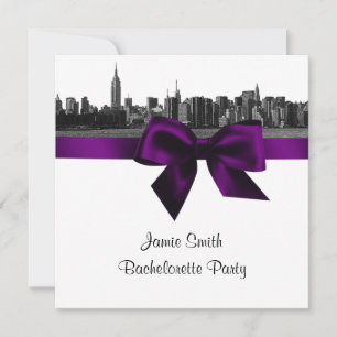 Invitación NYC Wide Skyline Etch BW Purple Bachelorette SQ