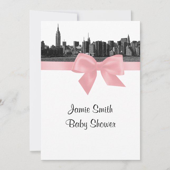 Invitación NYC Wide Skyline Etched BW Baby Shower rosa (Anverso)