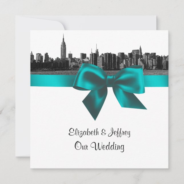 Invitación NYC Wide Skyline Etched BW Boda Verde azulado SQ (Anverso)