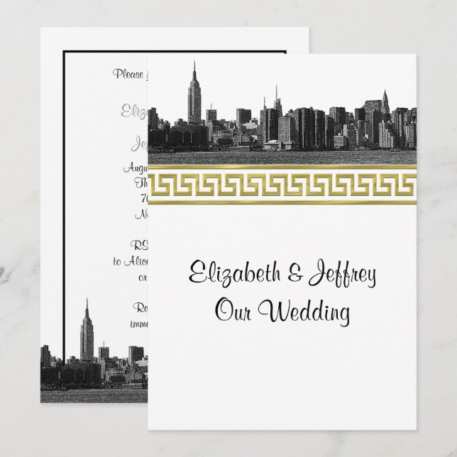 Invitación NYC Wide Skyline Etched BW Gold GK #5 Boda (Anverso / Reverso)