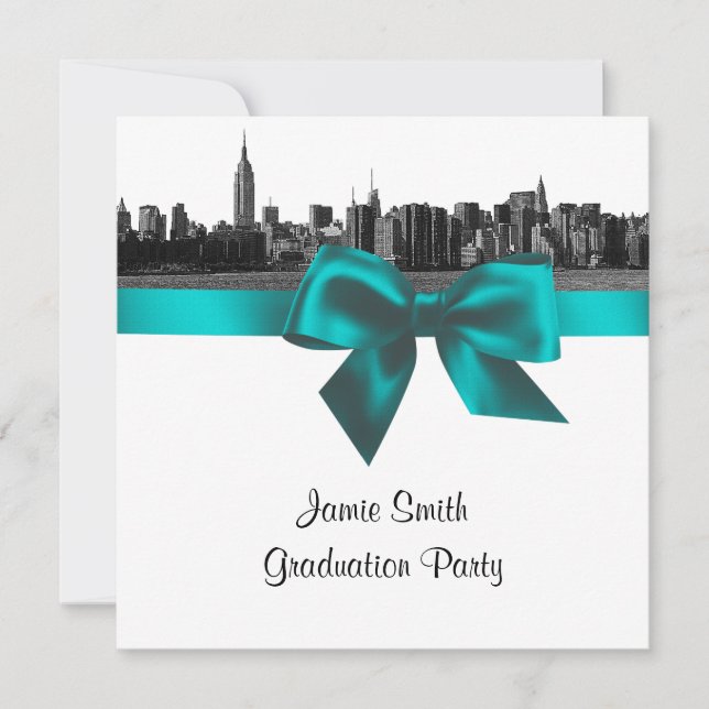 Invitación NYC Wide Skyline Etched BW Graduación Verde azulad (Anverso)