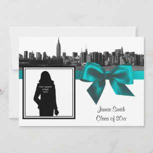 Invitación NYC Wide Skyline Etched BW Graduación Verde azulad