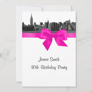 Invitación NYC Wide Skyline Etched BW Hot Pink Birday Party