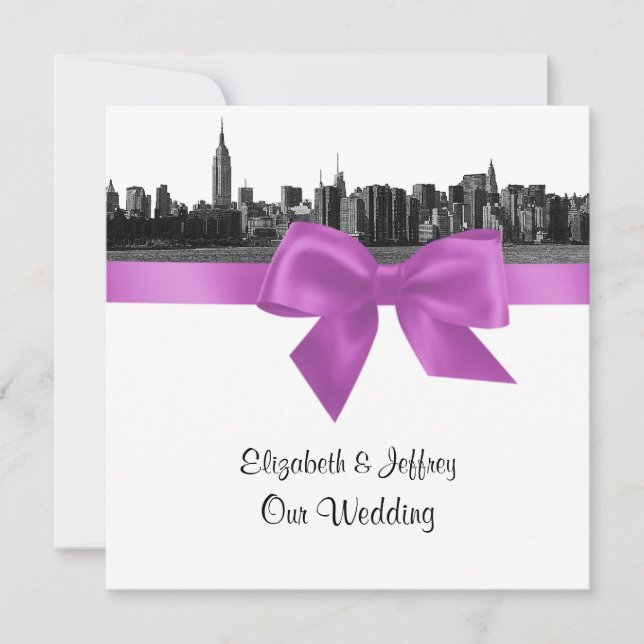 Invitación NYC Wide Skyline Etched BW Lilac Boda SQ (Anverso)