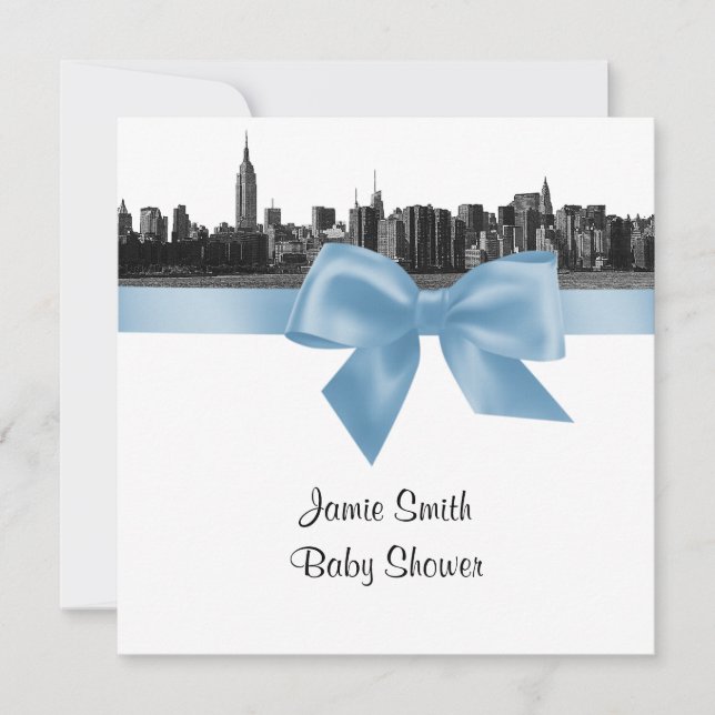 Invitación NYC Wide Skyline Etched BW Lt Blue Baby Shower SQ (Anverso)
