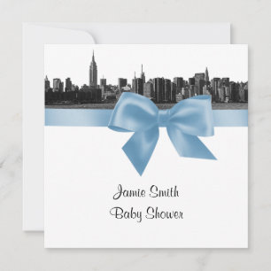 Invitación NYC Wide Skyline Etched BW Lt Blue Baby Shower SQ