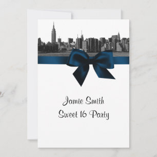 Invitación NYC Wide Skyline Etched BW Navy Blue Sweet Diecisé