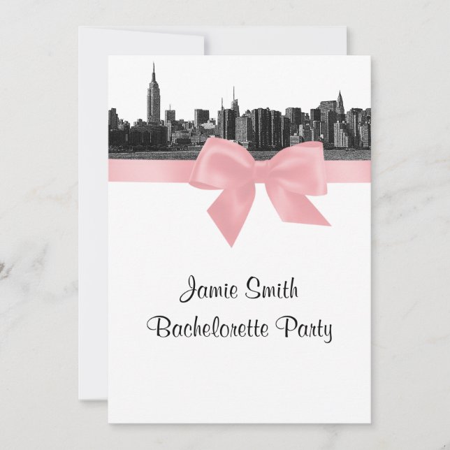 Invitación NYC Wide Skyline Etched BW Pink Bachelorette Party (Anverso)