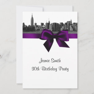 Invitación NYC Wide Skyline Etched BW Purple Birday Party