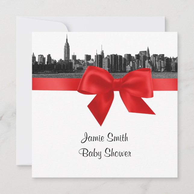 Invitación NYC Wide Skyline Etched BW Red Baby Shower SQ (Anverso)