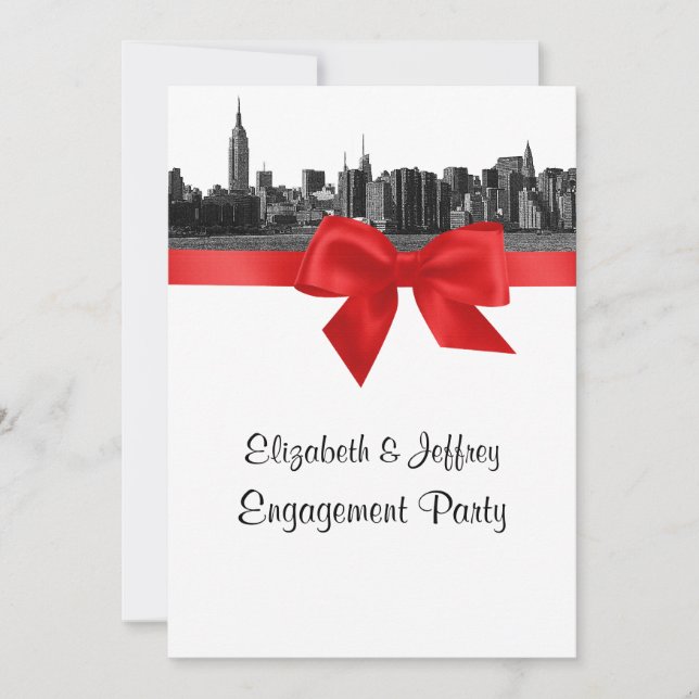 Invitación NYC Wide Skyline Etched BW Red Engagement Party (Anverso)