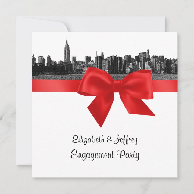 Invitación NYC Wide Skyline Etched BW Red Engagement Party SQ (Anverso)