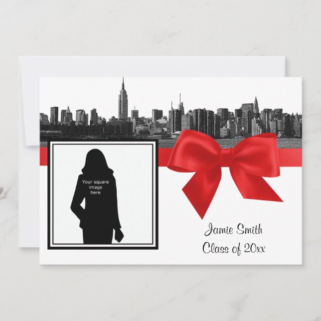 Invitación NYC Wide Skyline Etched BW Red Photo Graduation (Anverso)