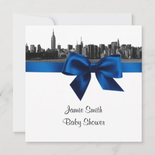 Invitación NYC Wide Skyline Etched BW Royal Bl Baby Shower SQ