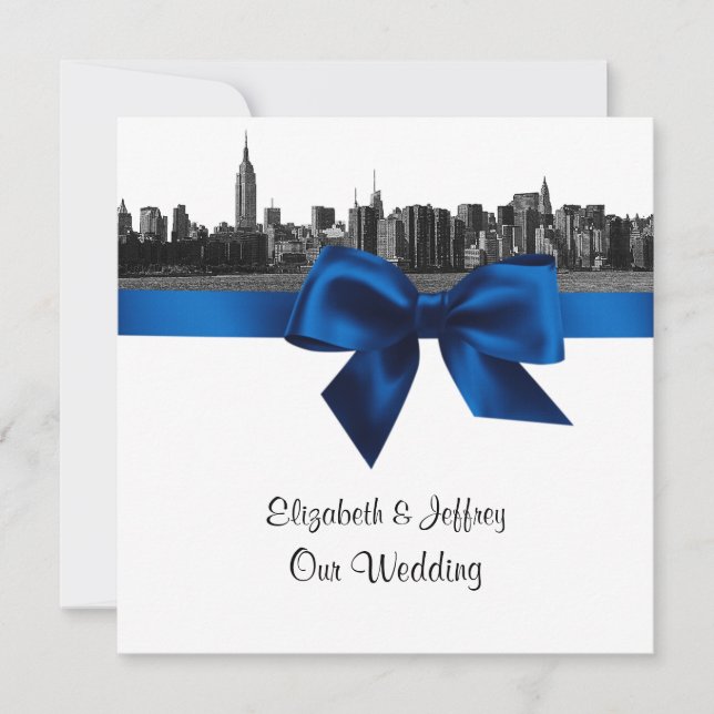Invitación NYC Wide Skyline Etched BW Royal Blue Boda SQ (Anverso)
