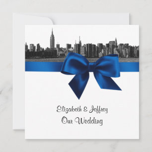 Invitación NYC Wide Skyline Etched BW Royal Blue Boda SQ