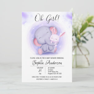 Invitación O Chica Rabbit y Elephant Baby Shower