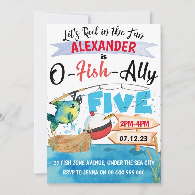 Invitación O-Fish-Ally Cinco pescadores Niño de quinto cumple (Anverso)