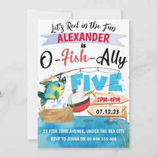 Invitación O-Fish-Ally Cinco pescadores Niño de quinto cumple