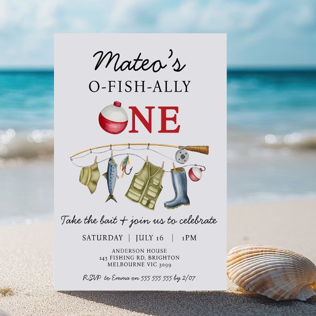 Invitación O-Fish-Ally de pesca roja vintage (Ofishally One 1st Birthday Invitation, Fishing Themed First Birthday Invitation, Boys First Birthday)