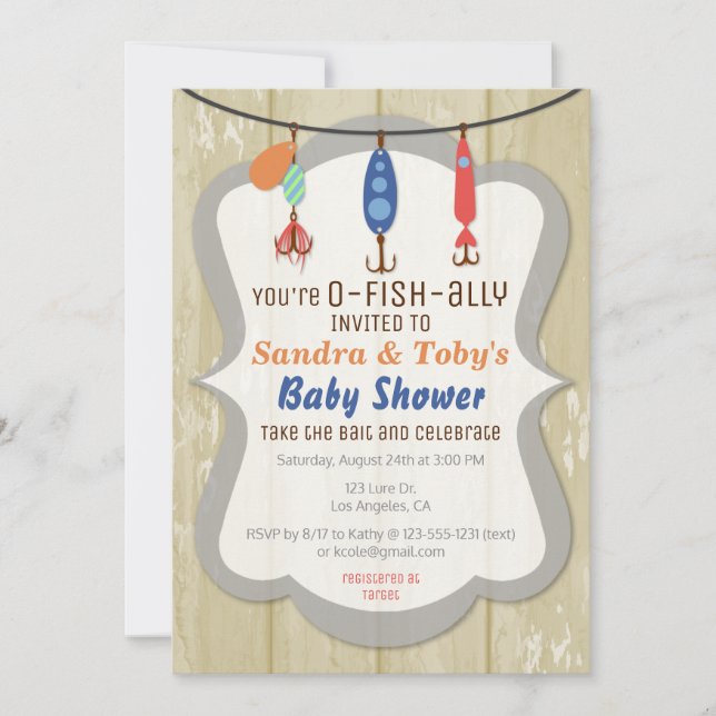 Invitación O-FISH-ALLY Fishing Baby Shower Invitation - Tan (Anverso)
