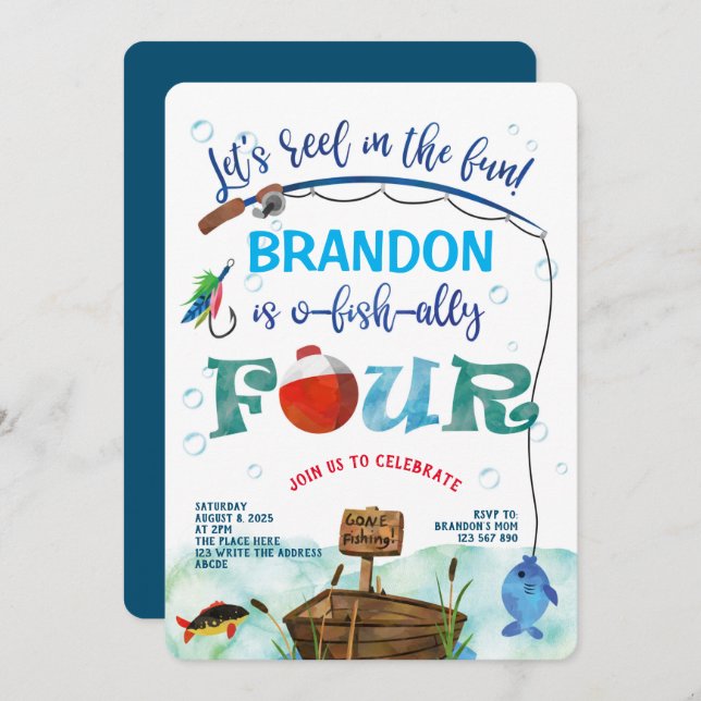 Invitación O-fish-Ally, Pequeño Pescador, 4° cumpleaños de pe (Anverso / Reverso)