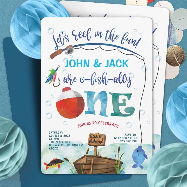 Invitación O-fish-Ally, pescador pequeño, cumpleaños de los p (Little Fisherman - twin boy 1st birthday invites. Fishing themed birthday party invitations.
)